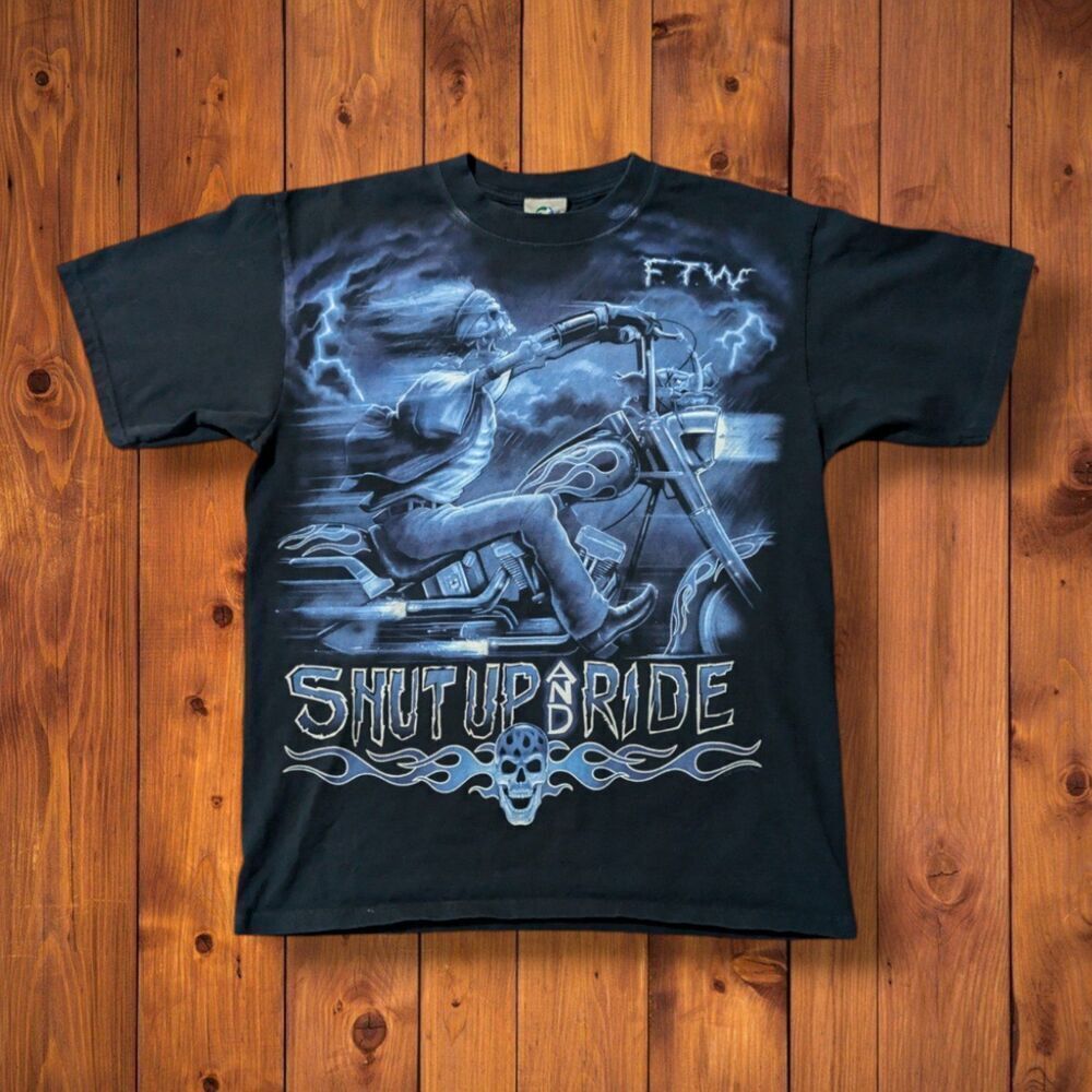Y2K Liquid Blue FTW Shut Up And Ride Skull Rider Motorcycle Biker Grunge…